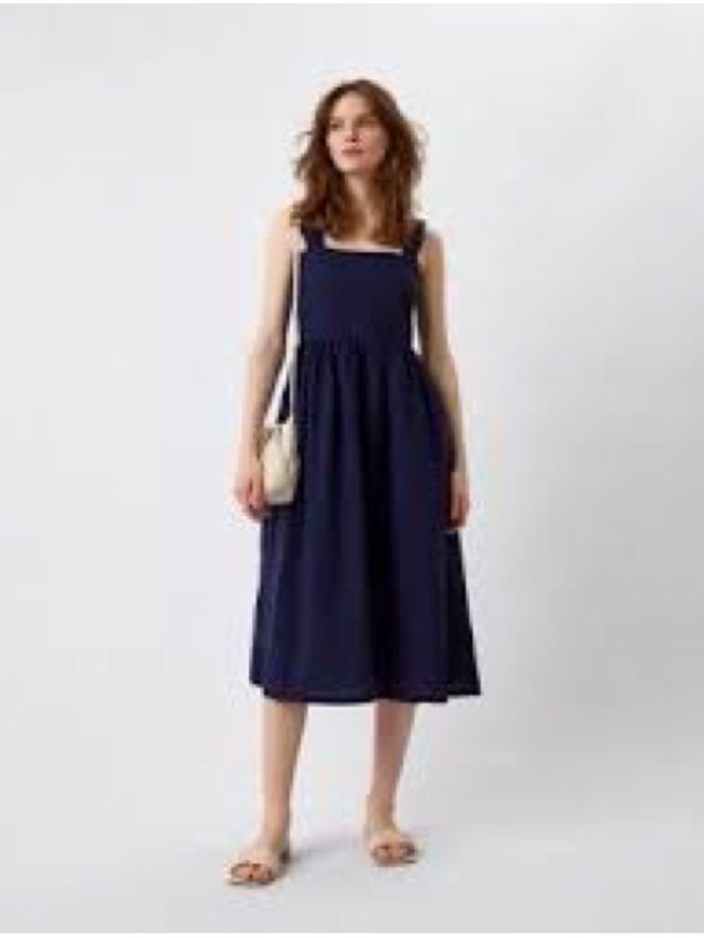 Uniqlo Navy Blue Linen Blend Shirring Sleeveless Midi Dress Medium VGUC - Picture 6 of 9